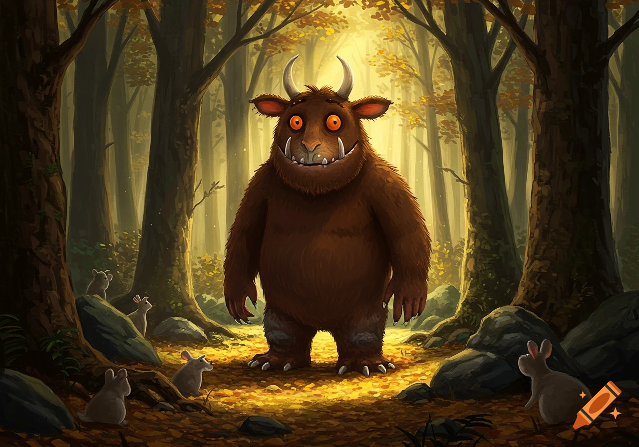 A brown, furry Gruffalo with orange eyes and tusks stands in a sunlit autumn forest, surrounded by small mice and rabbits.