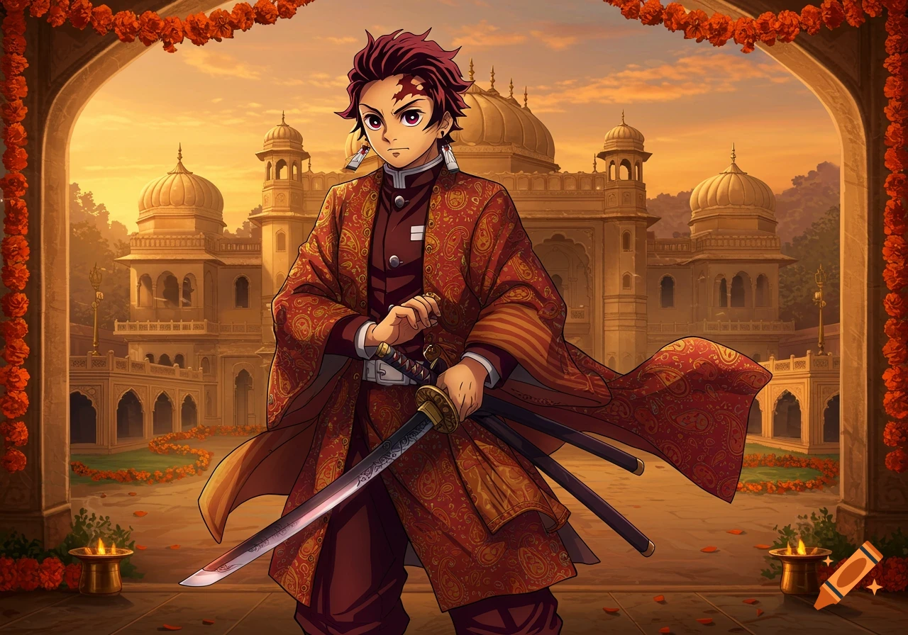 Anime character Tanjiro in traditional Indian attire standing before an Indian palace at sunset, with floral garlands.