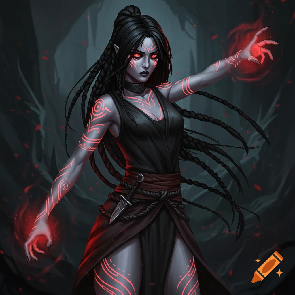 A dark-haired female fantasy character with glowing red eyes and intricate red patterns on her grey skin casts magic with her hands, surrounded by red sparks.