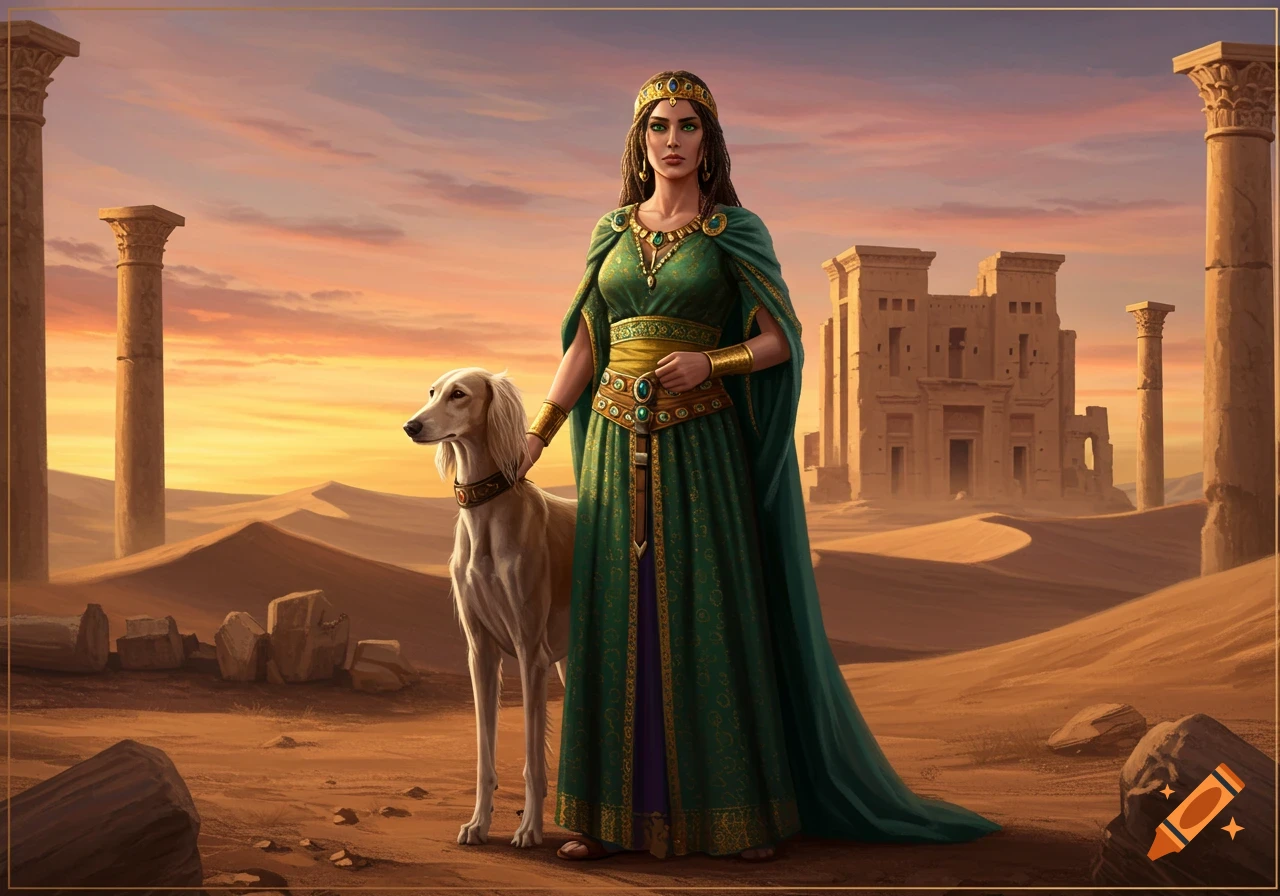 Queen Zenobia and a dog stand in a desert landscape with ancient ruins at sunset.