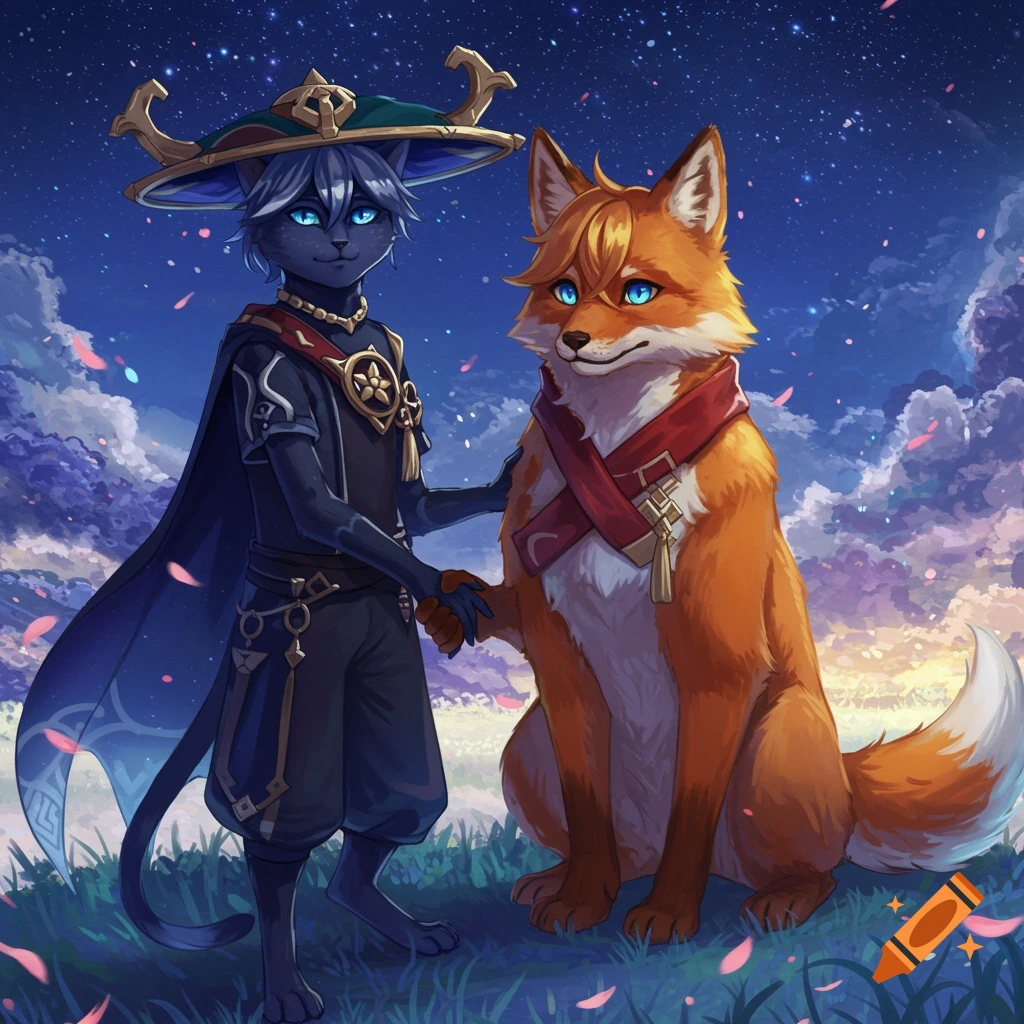A dark blue cat-like character and an orange fox-like character with blue eyes shake hands under a starry night sky with pink petals falling.