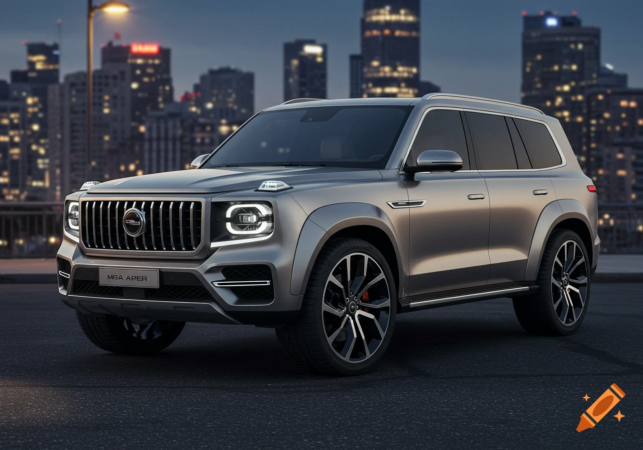 A photorealistic gray luxury SUV parked on an asphalt road at dusk with a city skyline in the background.