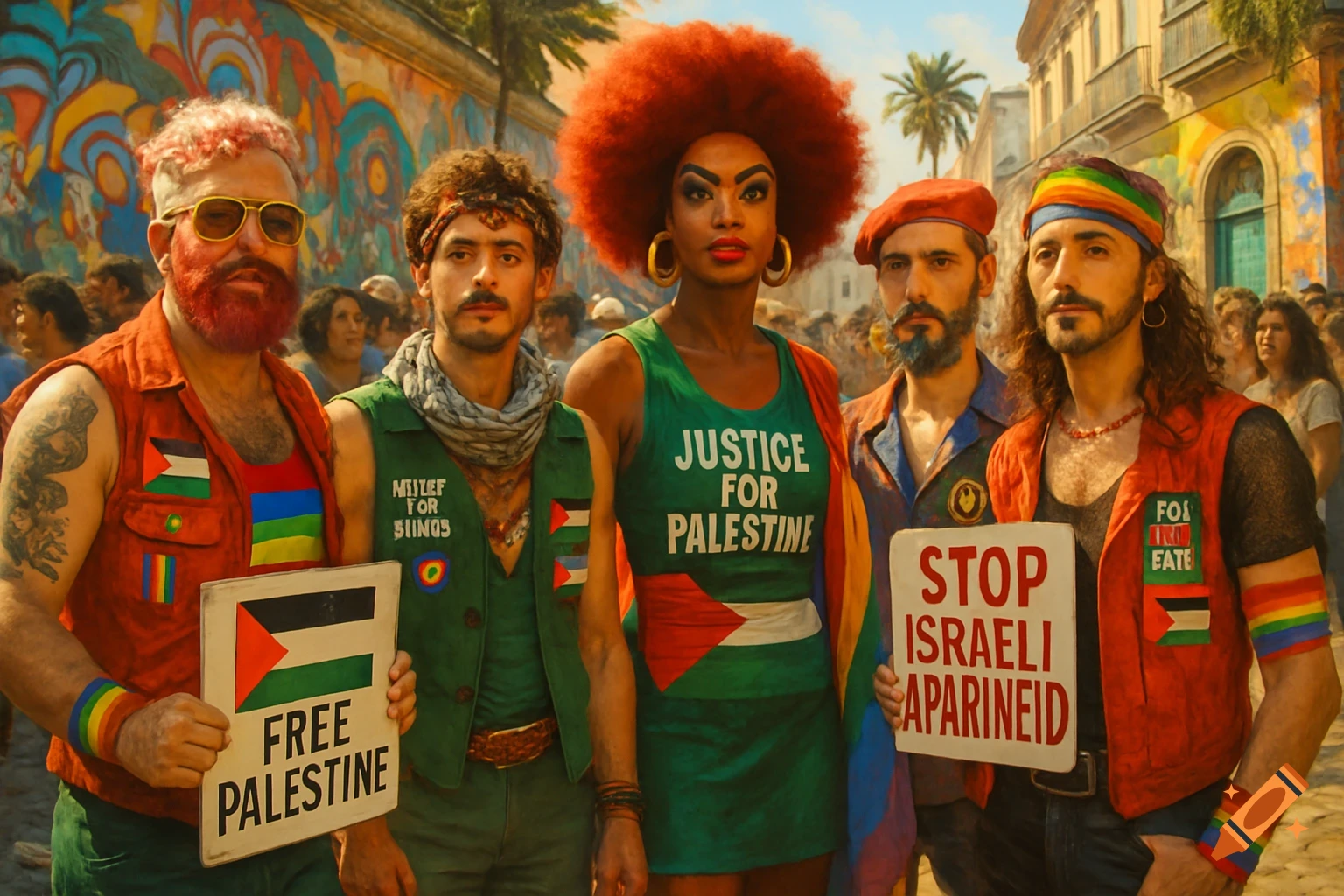A diverse group of people, some wearing rainbow colors, protest in a street holding signs for Palestine and against Israeli apartheid.