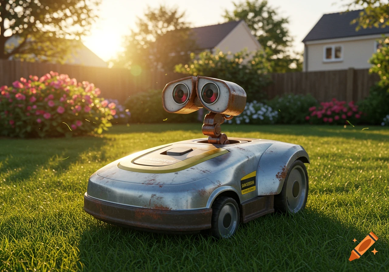 A Wall-E style robot lawn mower with red eyes sits in a lush green backyard, illuminated by the golden hour sun.