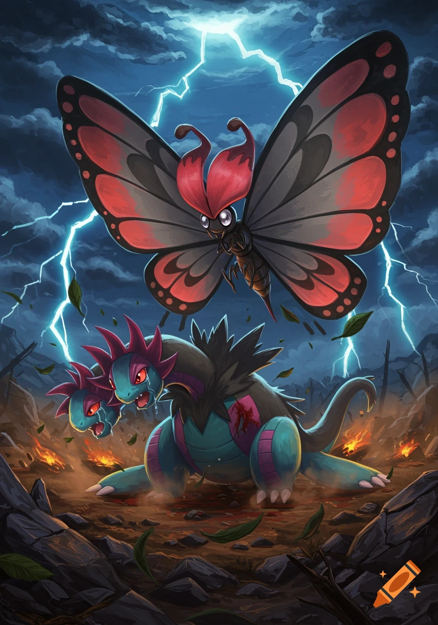 A large black and red butterfly-like creature, Vivillon, looms over a defeated, crying two-headed green dragon-like creature, Hydreigon, in a stormy, fiery battlefield with lightning.