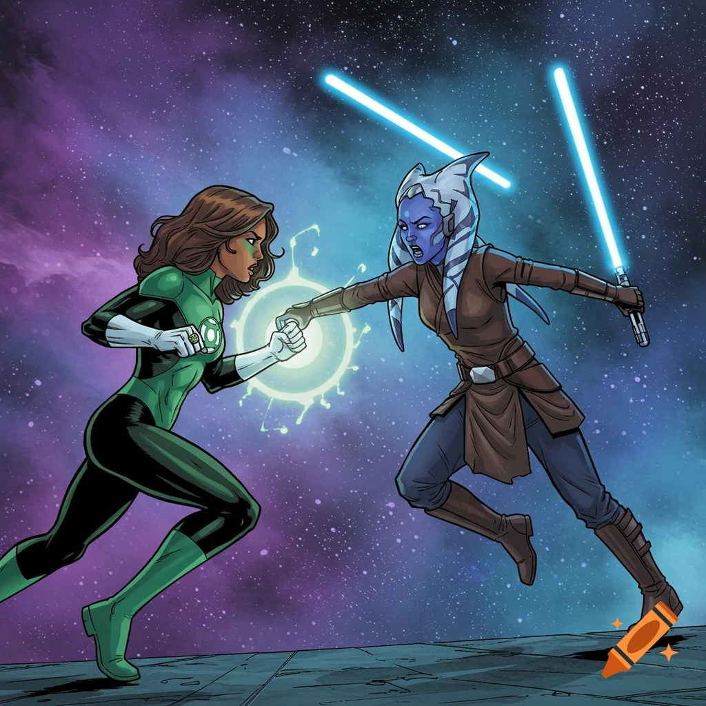 Comic book art of Green Lantern Jessica Cruz and Ahsoka Tano clashing in space with glowing energy and lightsabers.