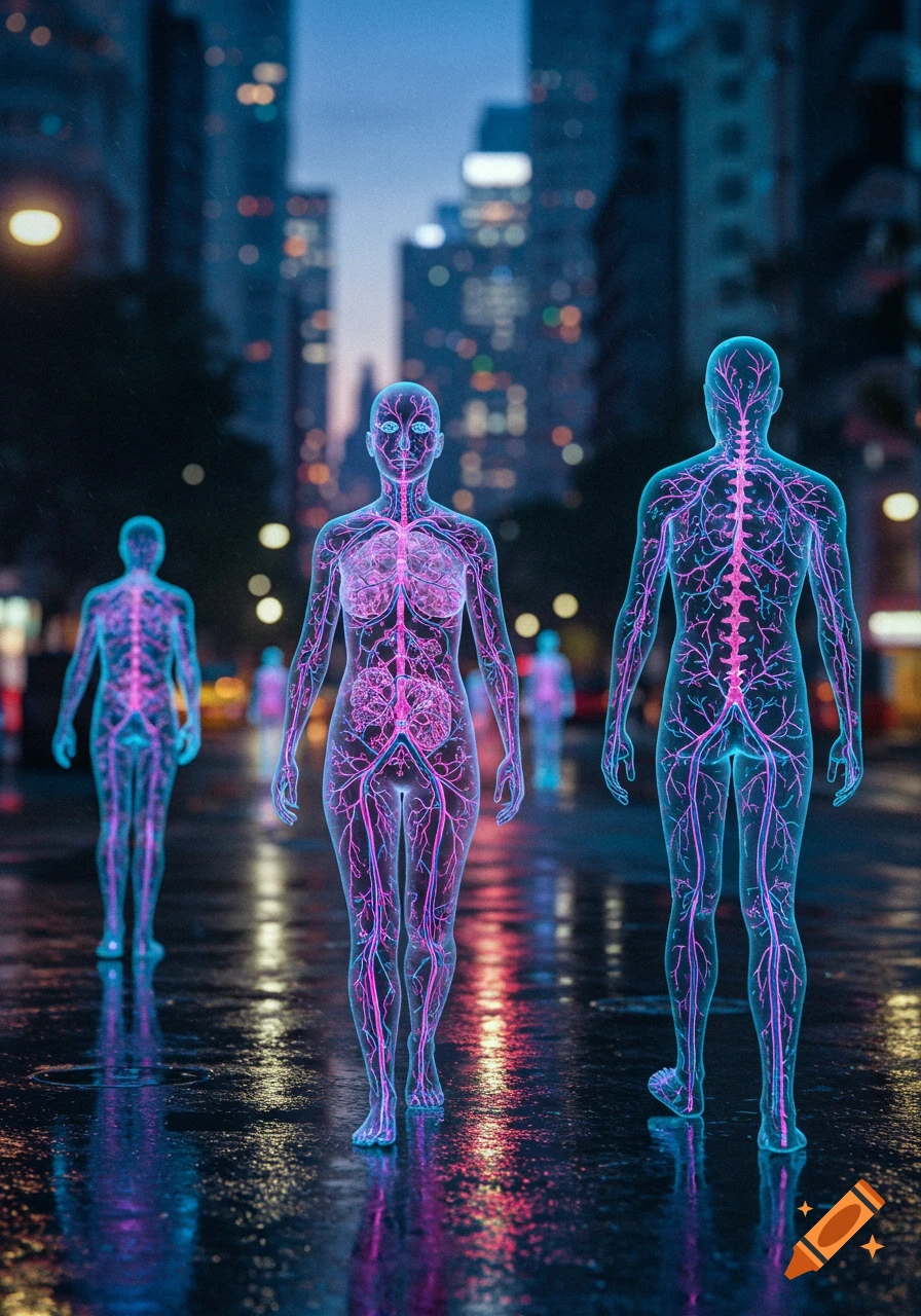 Three transparent human figures, with glowing purple and blue veins visible, walk on a wet city street at night amidst blurred skyscrapers.