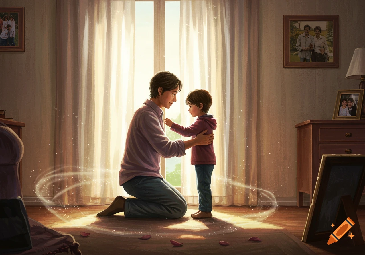 A father kneels to embrace his child in a sunlit room, with glowing light effects and rose petals on the floor.