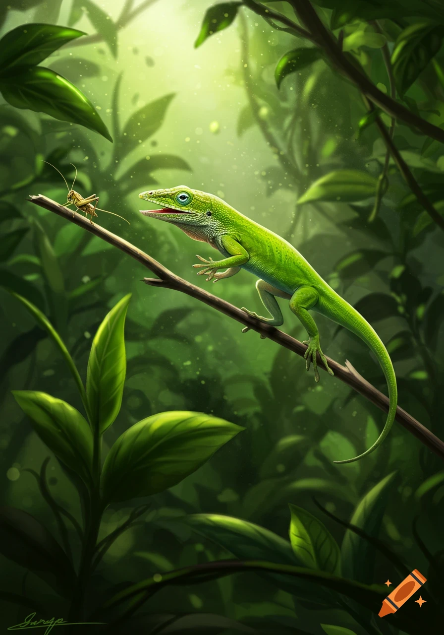 A vibrant green anole lizard on a branch looks at a small cricket in a lush, sunlit jungle illustration.