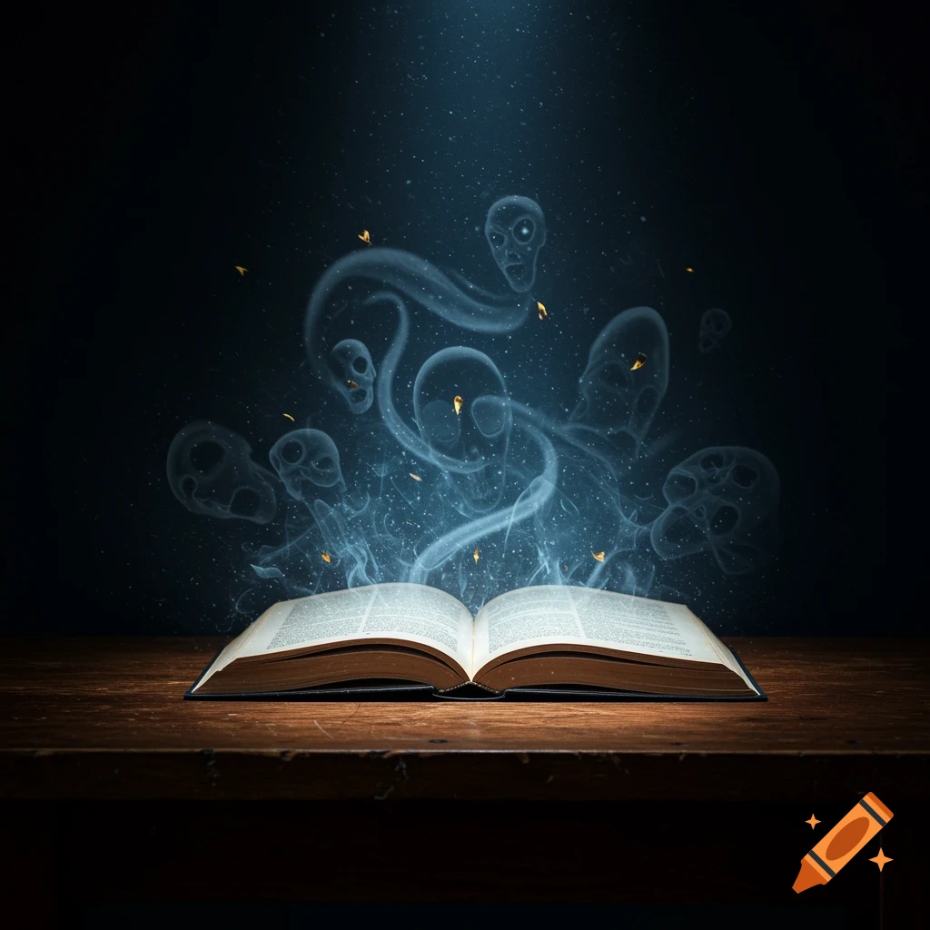 An open book on a wooden table, with glowing, ghostly figures and smoke rising into a dark background with dramatic lighting.