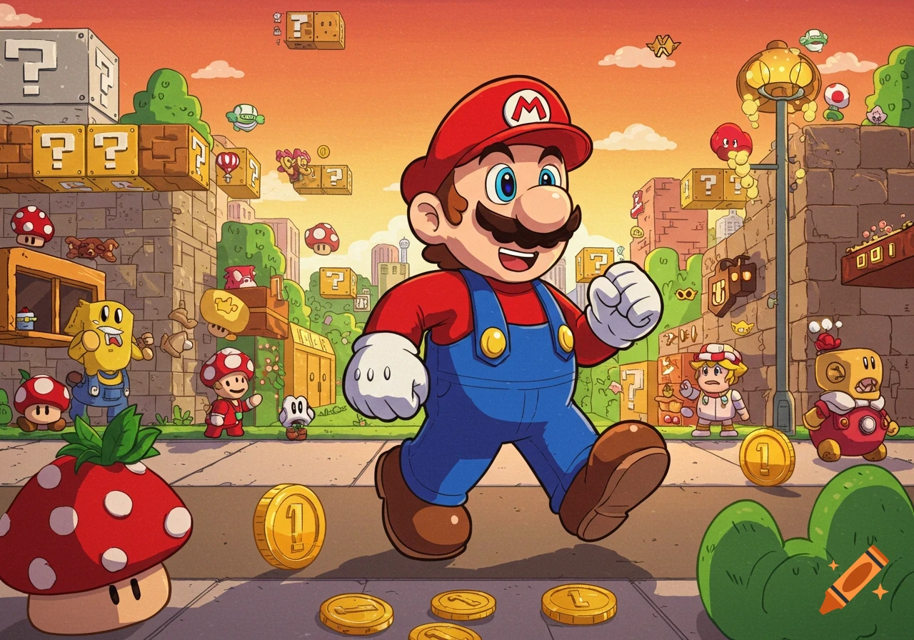 A colorful cartoon illustration of Mario walking through a vibrant, stylized Super Mario Bros. themed world with question blocks, coins, and various characters.