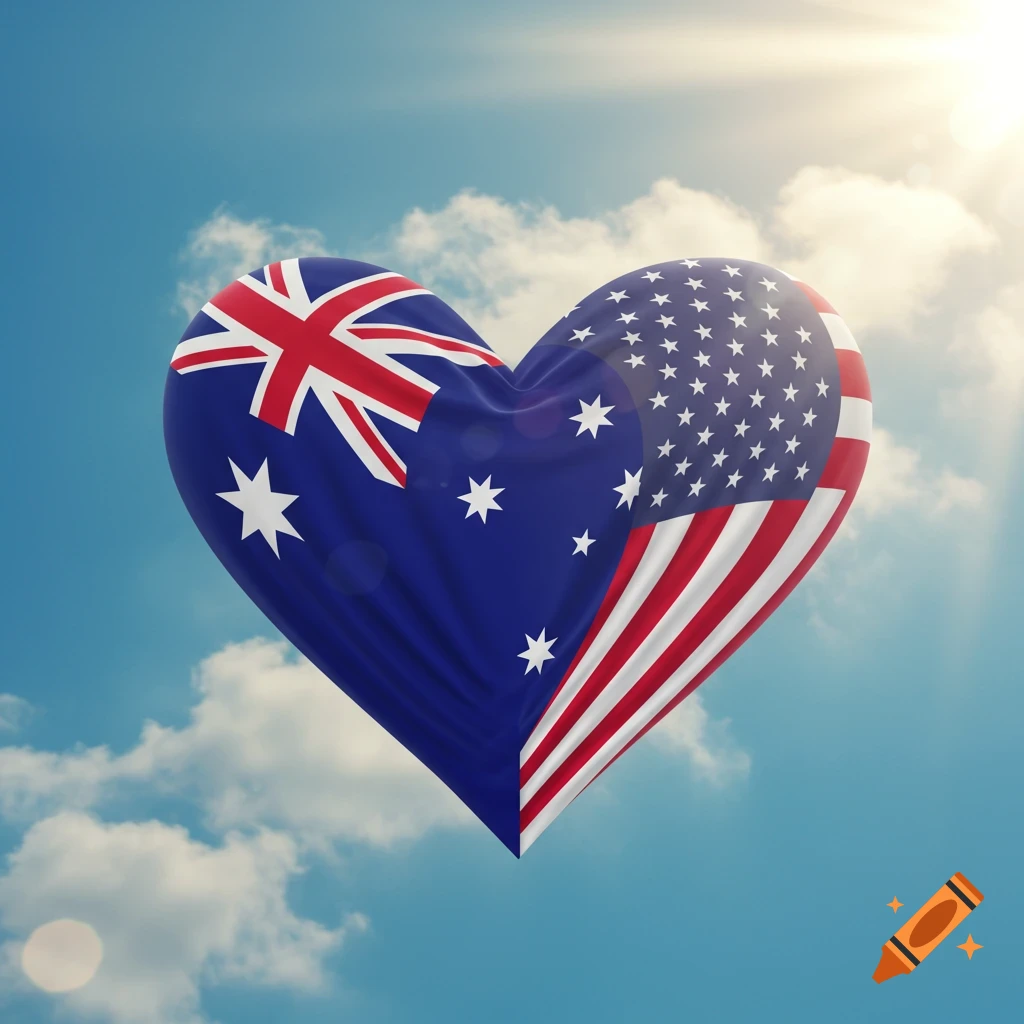 Heart-shaped flag combining Australian and USA flags floating in a sunny blue sky with clouds.