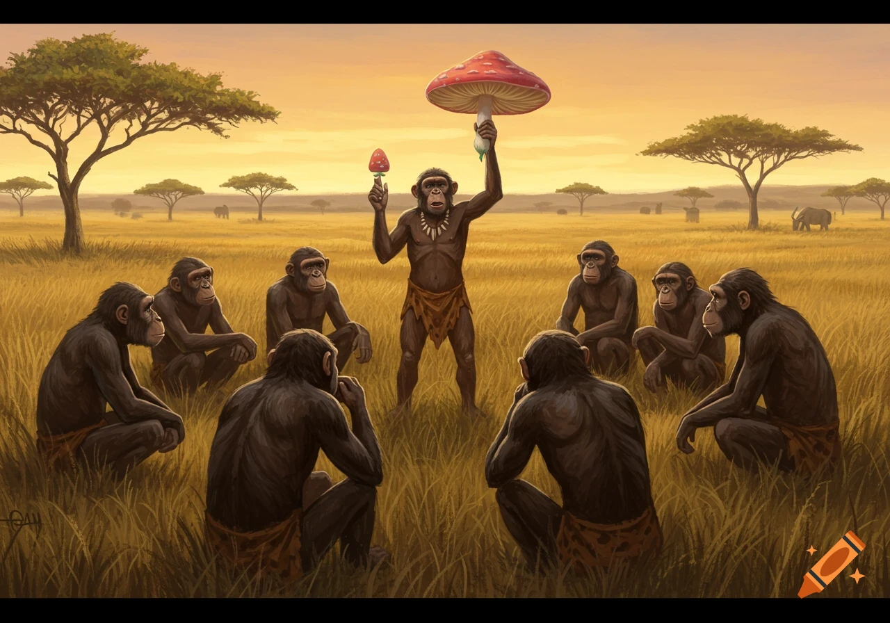 Ancient ape hominids gather on a grassy savanna plain as one stands holding a large red mushroom and a smaller red mushroom.