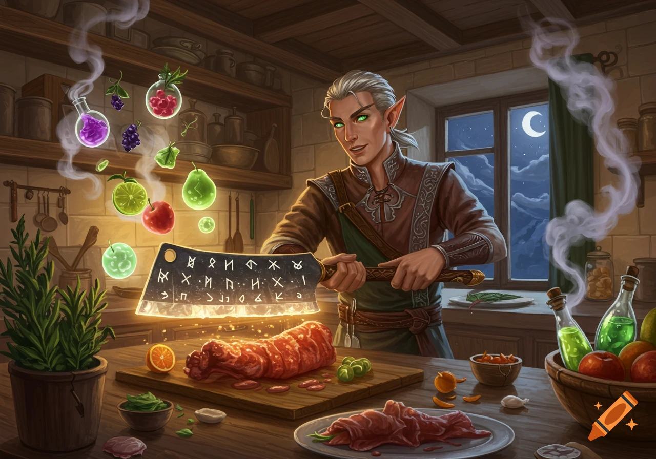 A fantasy elf chef with grey hair and green eyes holds a glowing cleaver inscribed with runes over a piece of meat in a rustic kitchen.