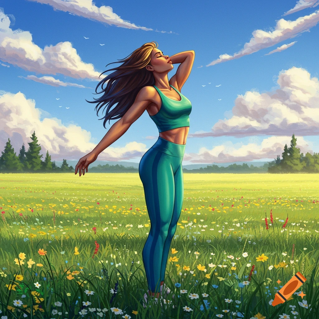 A woman in a green sports bra and striped leggings stands in a sunlit field of wildflowers under a blue sky, looking up.