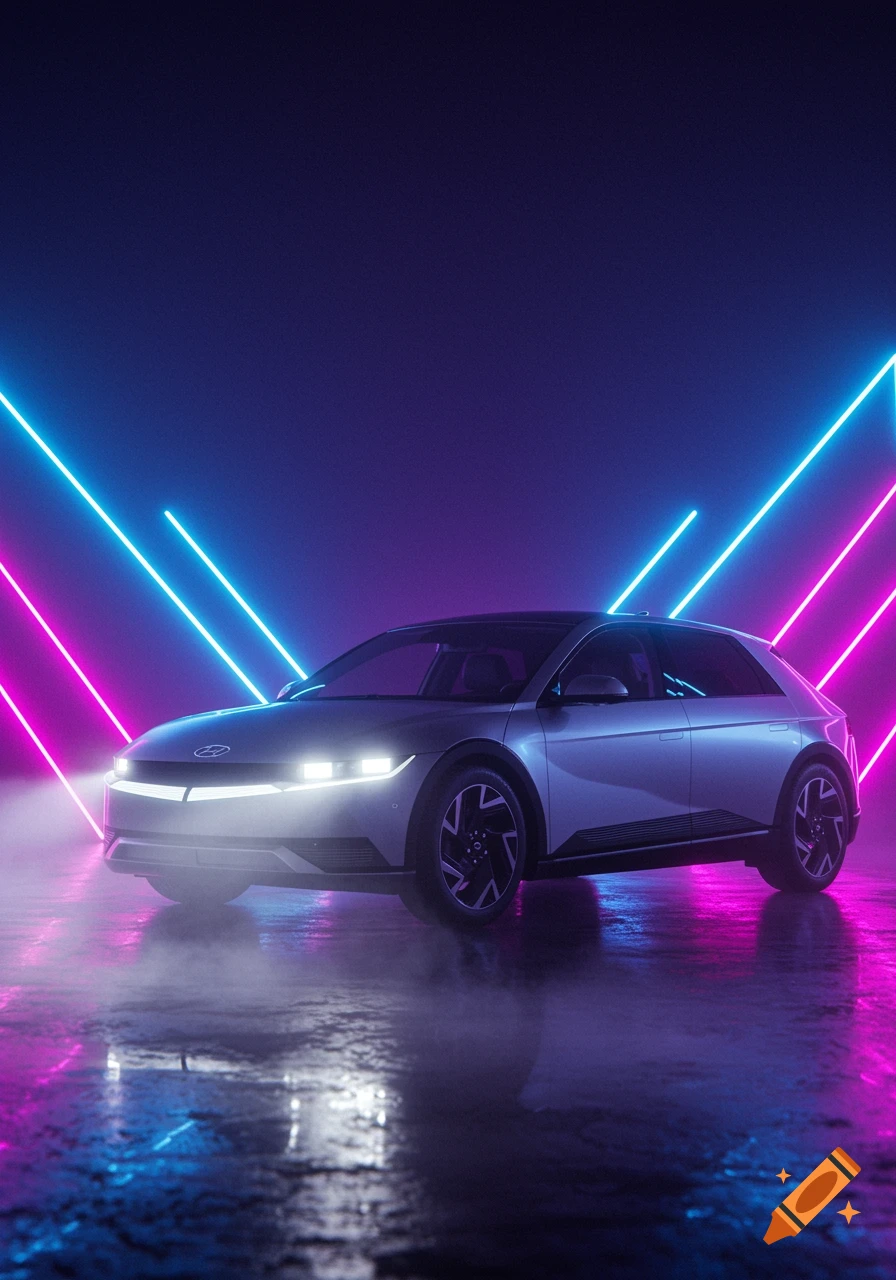 A silver Hyundai Ioniq 5 car is parked in a dark, wet setting, illuminated by bright pink and blue neon lights, photorealistic style.