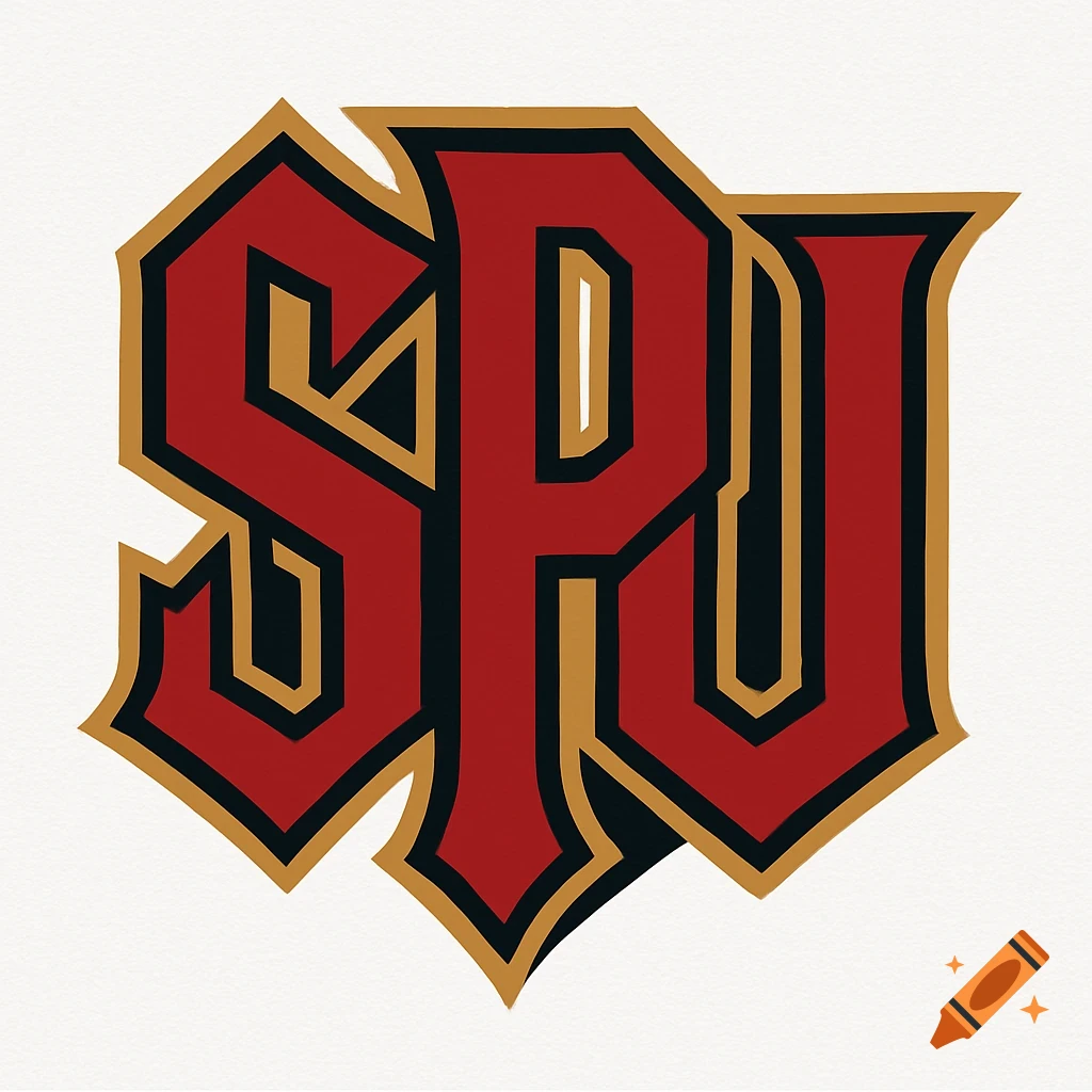 A red, black, and gold interlocked SPU sports monogram in an angular gothic style.