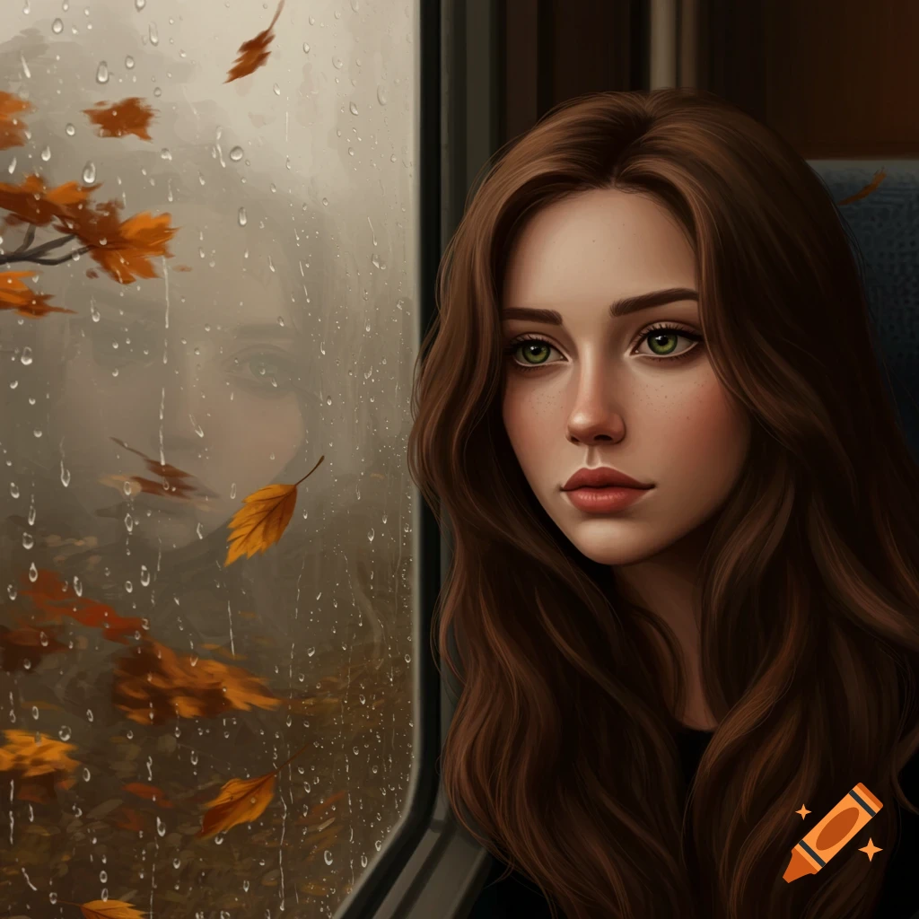 Digital painting of a woman with long brown hair and green eyes looking pensively out a rain-streaked train window with autumn leaves.