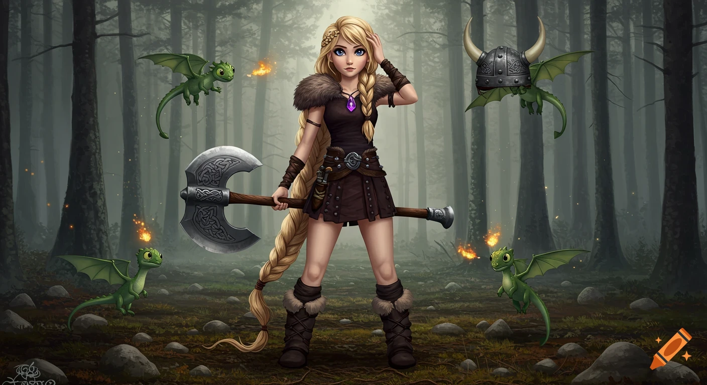 Anime girl with a long blonde braid in Viking-style attire holds a battle axe in a misty forest with small green dragons.