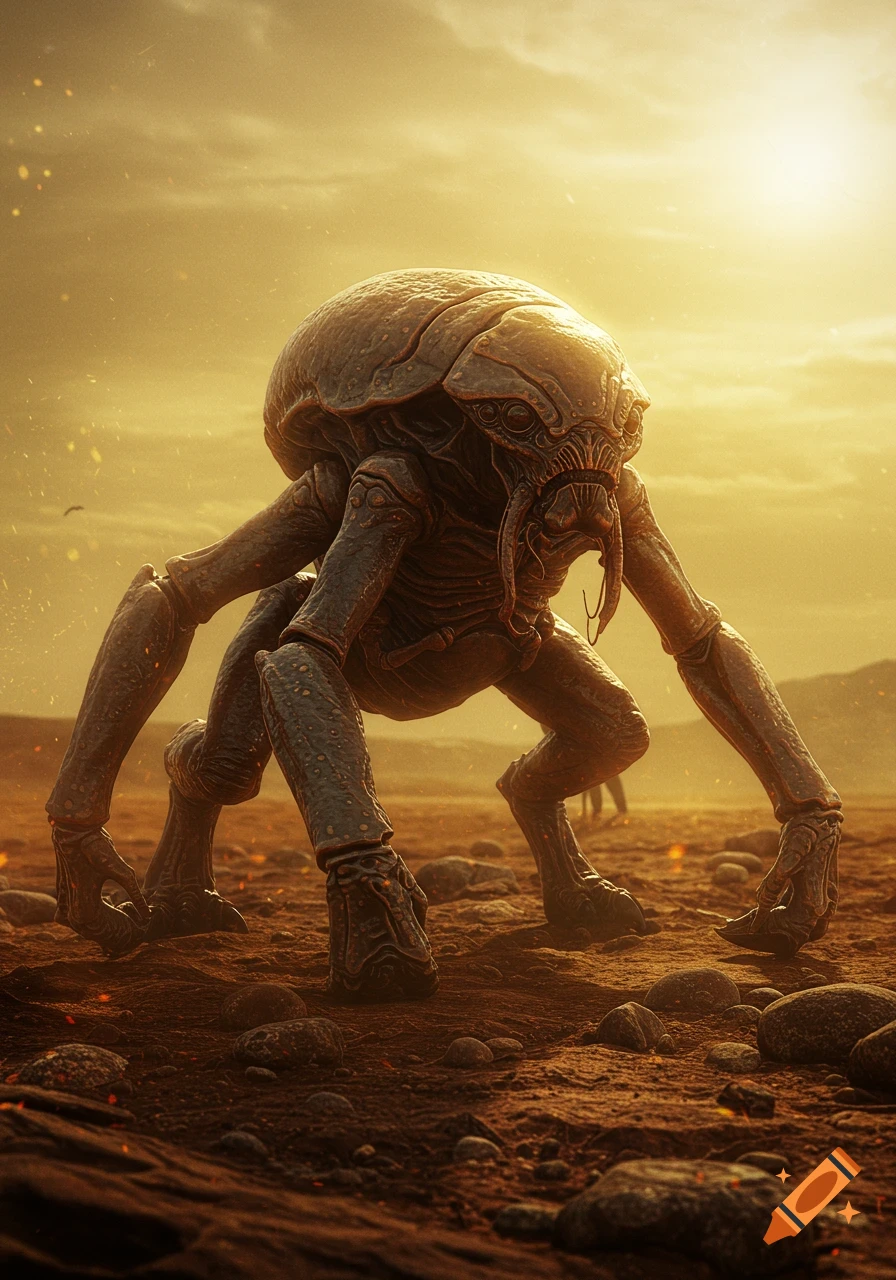 Photorealistic large multi-legged alien creature with a hard shell stands on barren, rocky ground under a bright, dusty sky.
