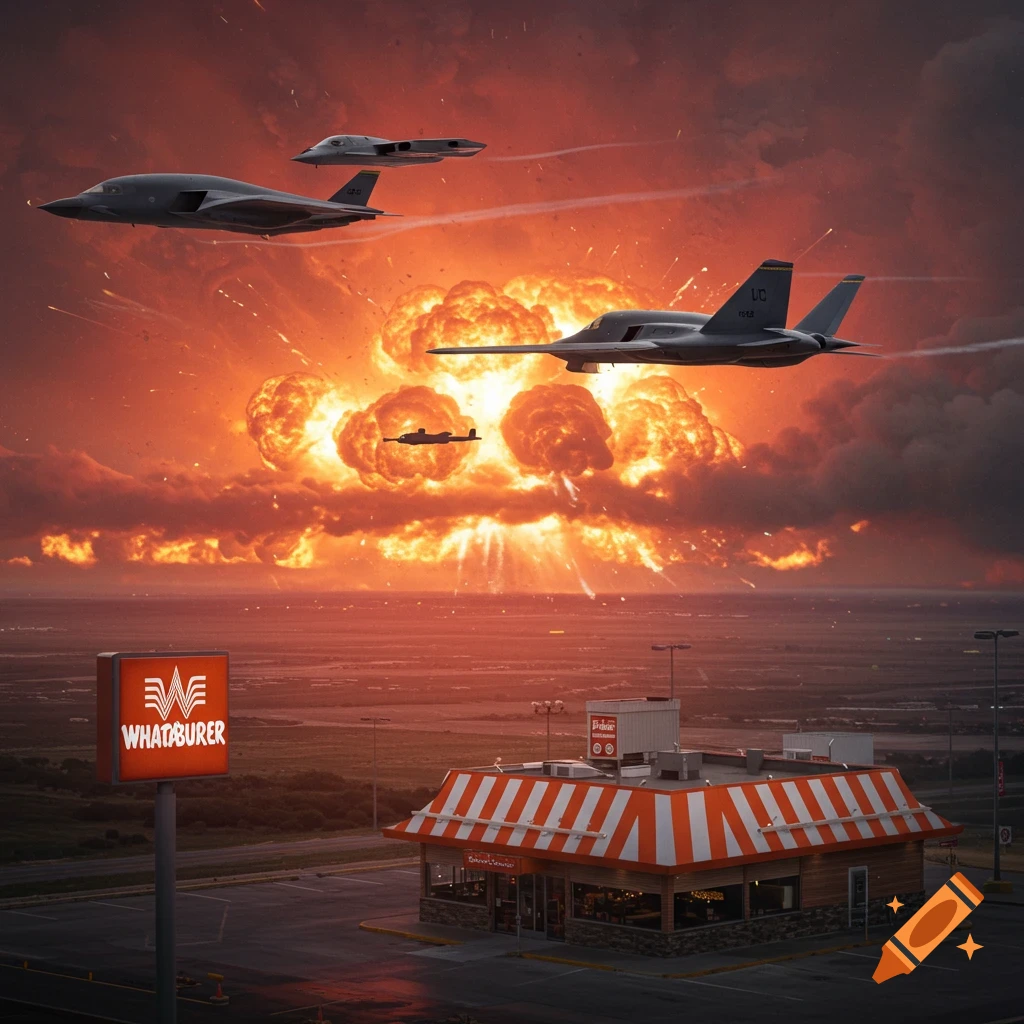 Stealth bombers fly over a large explosion in the background, with a Whataburger restaurant in the foreground at sunset.