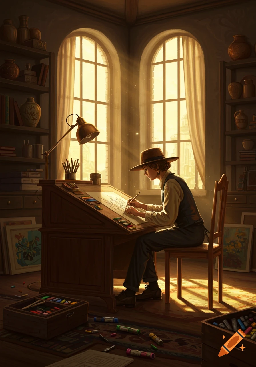 A person wearing a hat draws at a drafting table in a sunlit art studio, surrounded by art supplies.