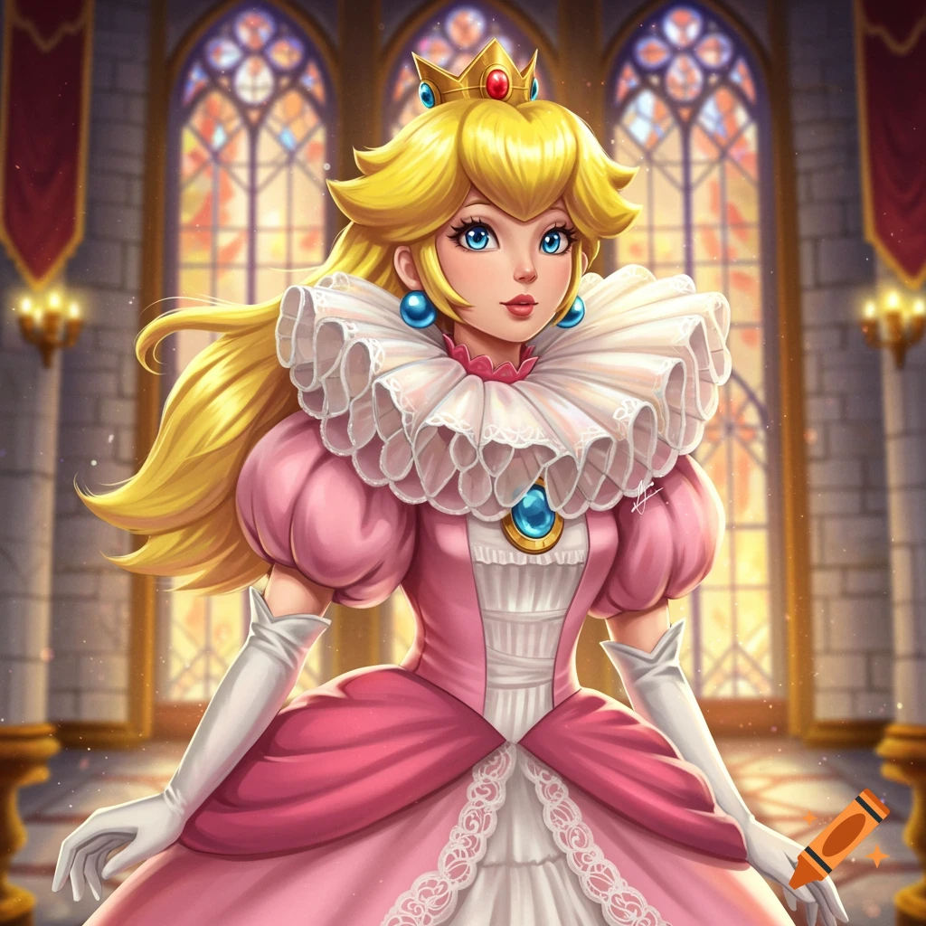 Princess Peach in a pink dress with a large white ruffled collar, gold crown, and white gloves, standing in a castle with stained-glass windows.