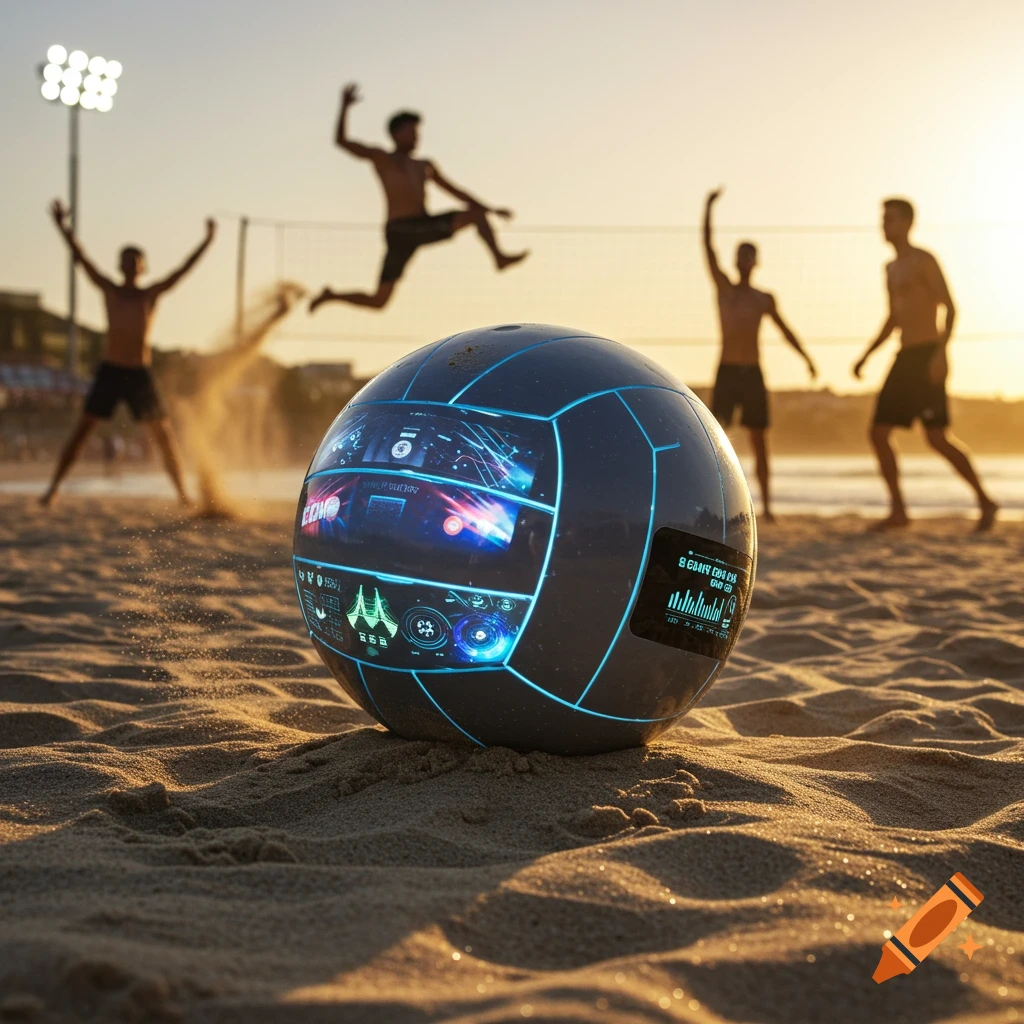 A futuristic black volleyball with glowing screens on a sandy beach, with blurred figures playing volleyball in the background at sunset.