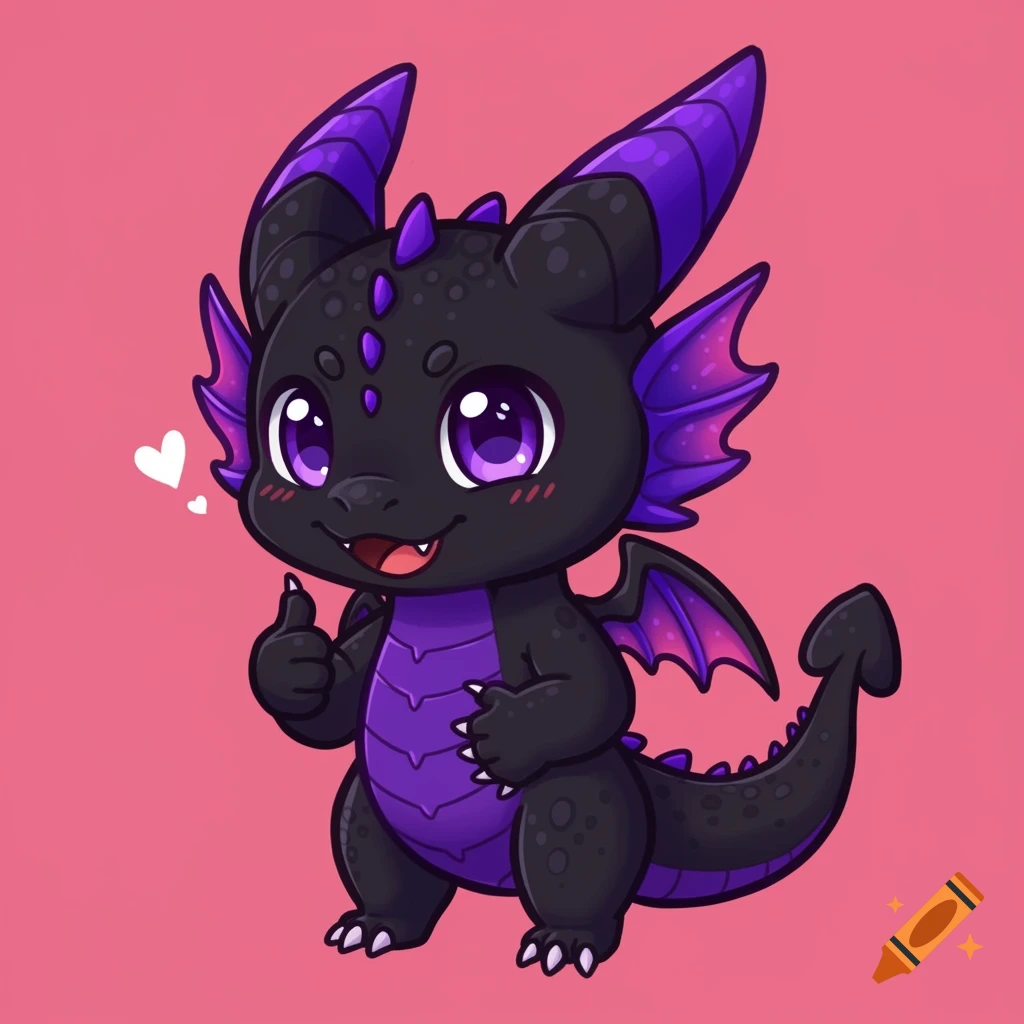 A cute black and purple chibi cartoon dragon giving a thumbs up.
