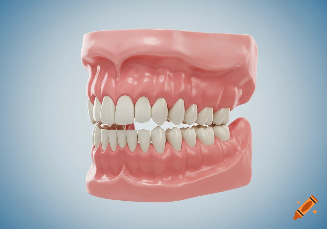 Detailed 3D model of a human jaw showing upper and lower teeth and gums against a blue background.
