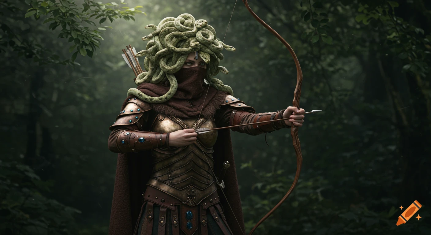 A female warrior with snakes for hair, wearing intricate leather armor, holds a bow with a nocked arrow in a dim forest.