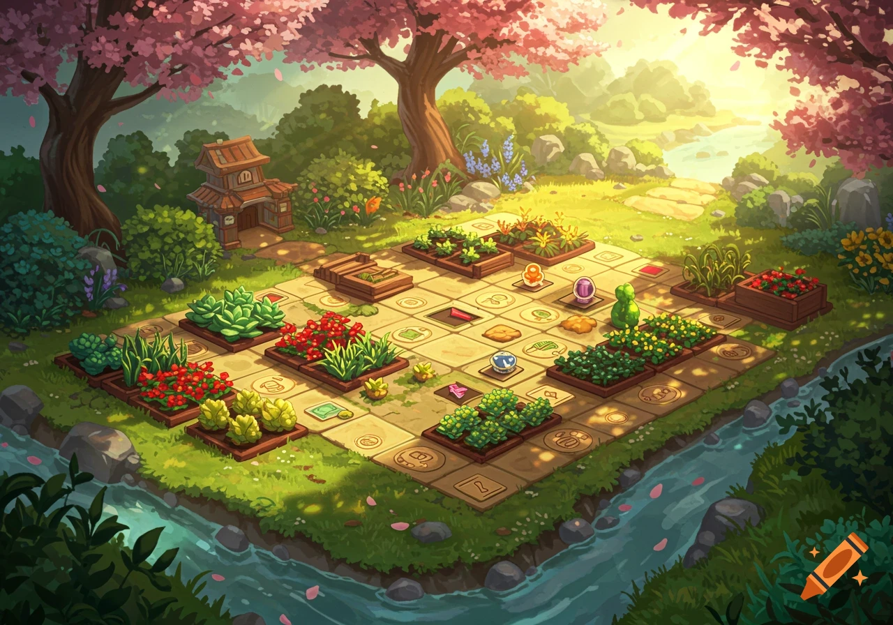 A vibrant, cartoonish garden game board with various plants, a small house, a winding river, and cherry blossom trees under a sunny sky.
