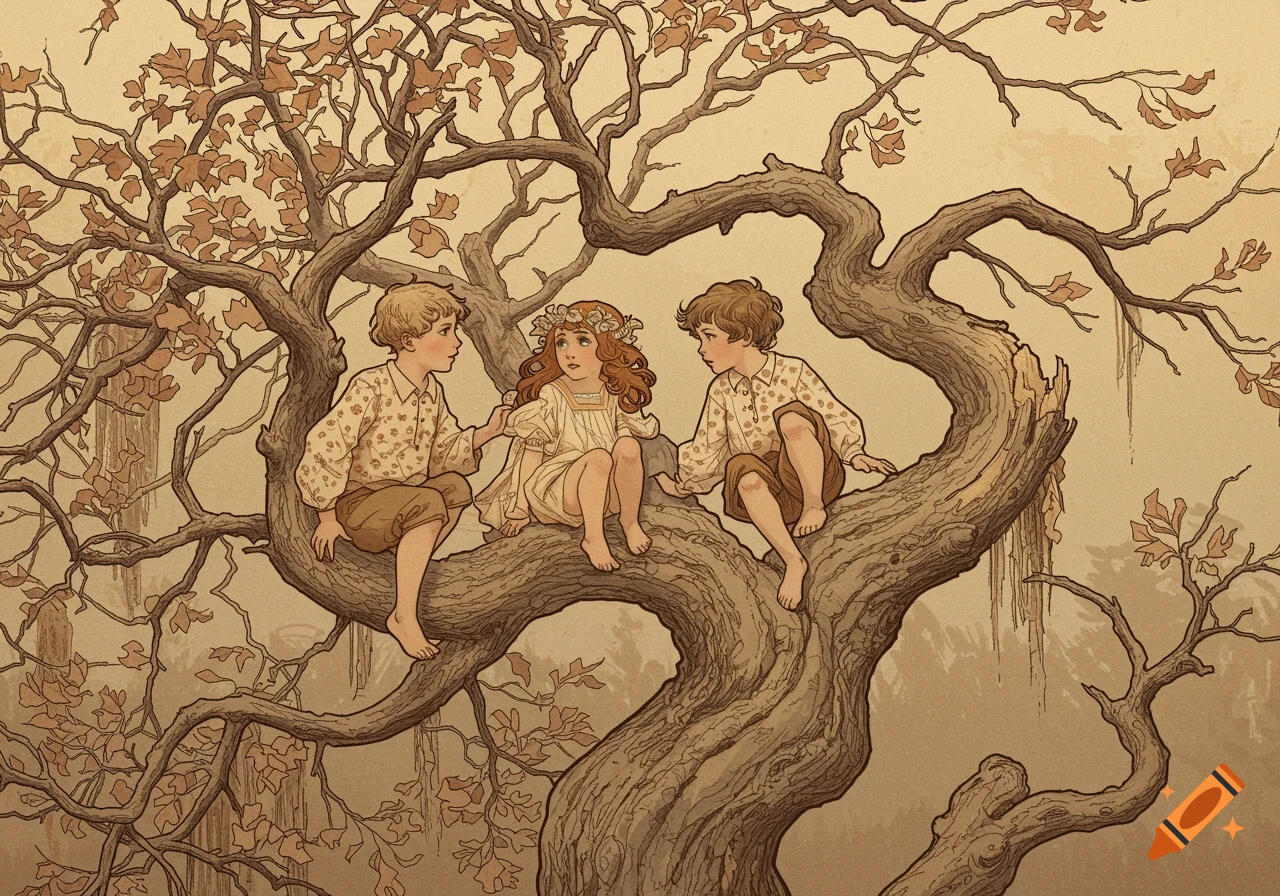 Three children, two boys and one girl, sit in the branches of a gnarled, dying tree in an Art Nouveau illustration.