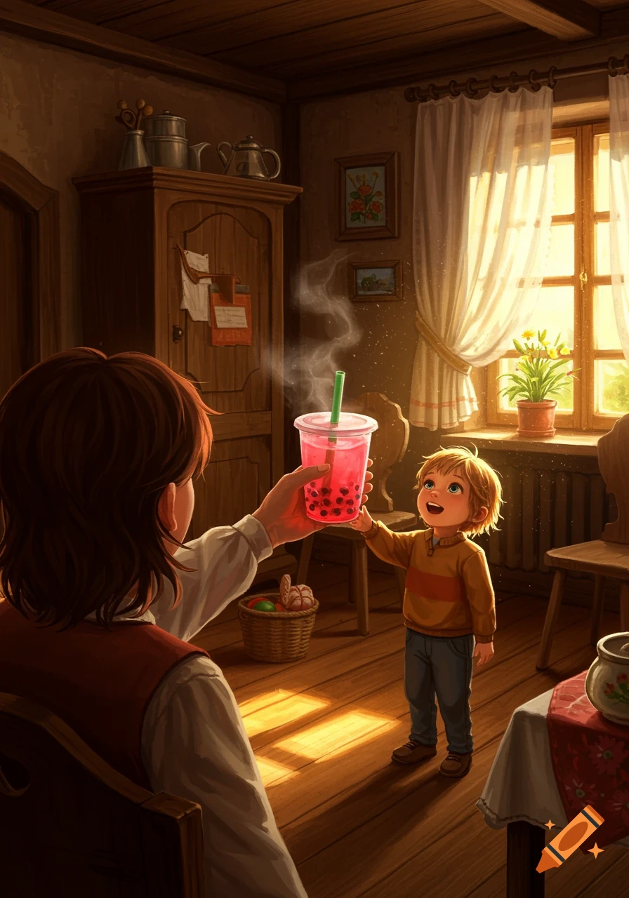 Illustrated scene of a brown-haired adult giving a blond child a cup of strawberry boba tea in a rustic, sunlit room.