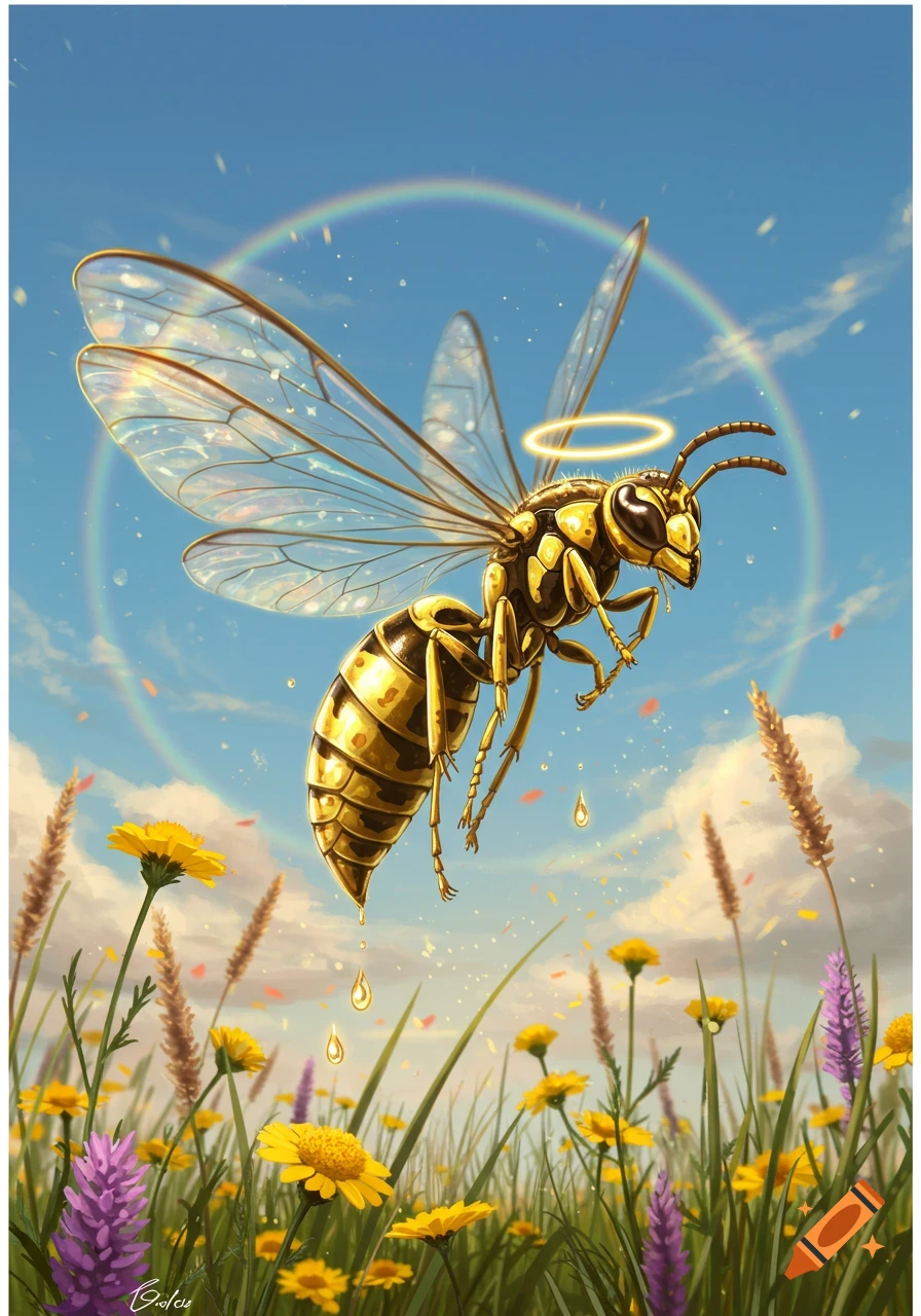 A golden wasp with a halo and transparent wings flies over a field of yellow and purple flowers under a blue sky with a rainbow. Honey drops fall from its body.