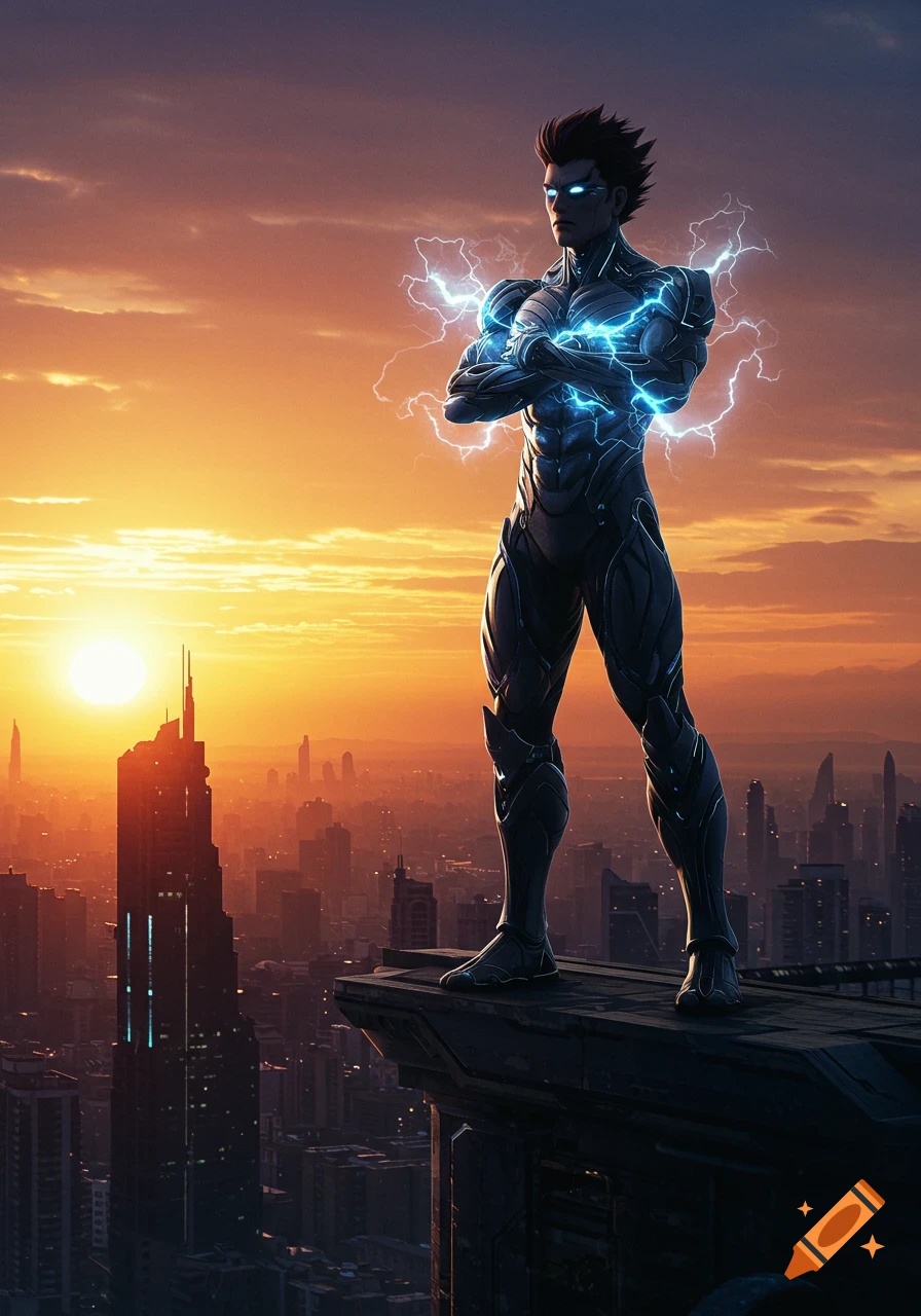 A powerful warrior in futuristic armor with an electric aura stands on a skyscraper overlooking a city at sunset.