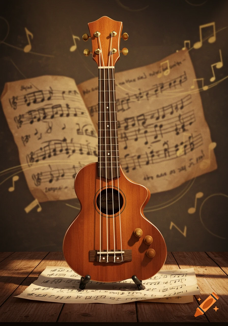 A wooden ukulele stands on a rustic wooden table with vintage sheet music and floating musical notes in the background.