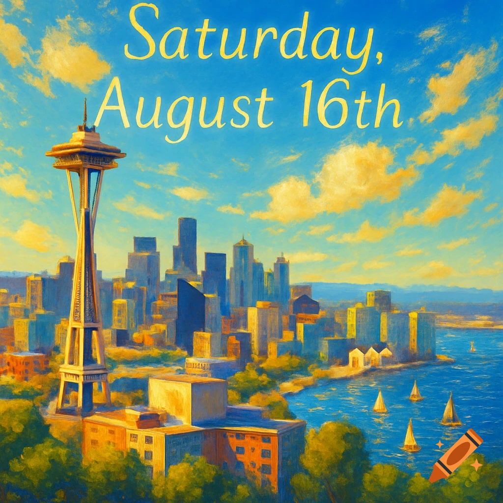 Painterly Seattle cityscape featuring the Space Needle, sailboats on blue water, a bright sky, and the text 'Saturday, August 16th'.