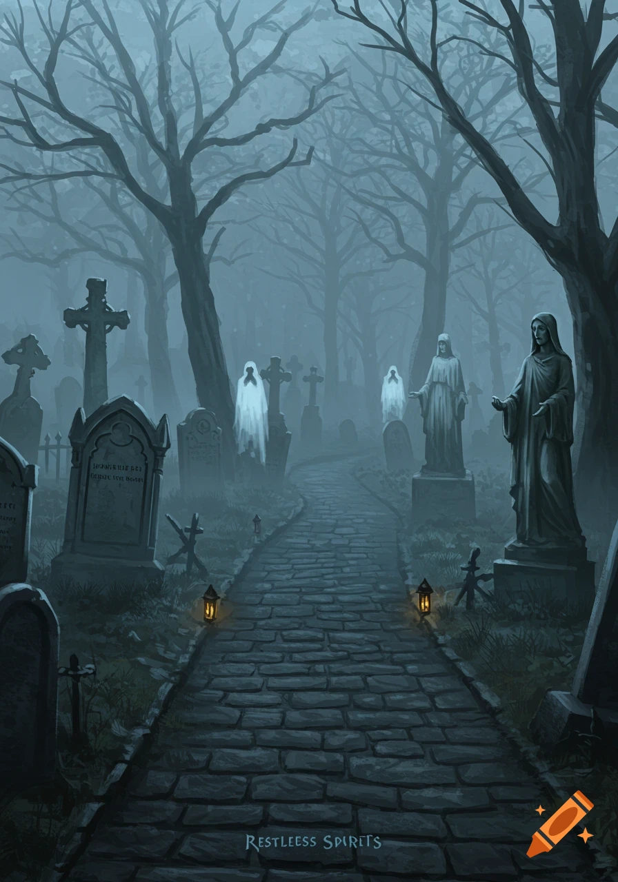 A dark, atmospheric digital painting of a foggy graveyard with a stone path leading through it, gravestones, spooky bare trees, and ethereal white ghosts floating among them. Two stone statues of cloaked figures stand on the right.
