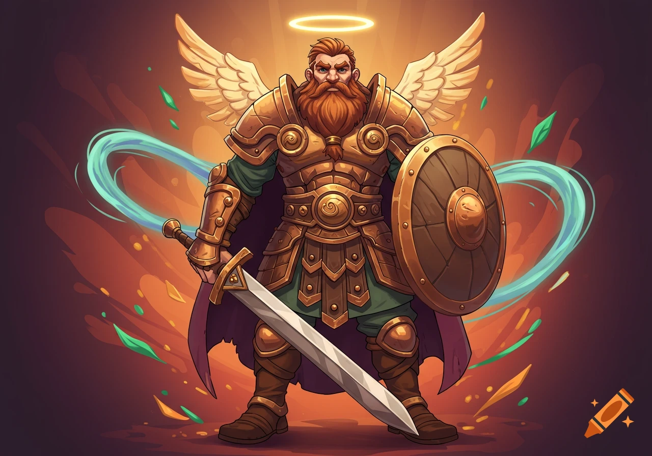 A cartoon hero with a thick beard, angel wings, glowing halo, and bronze armor, holding a sword and shield.