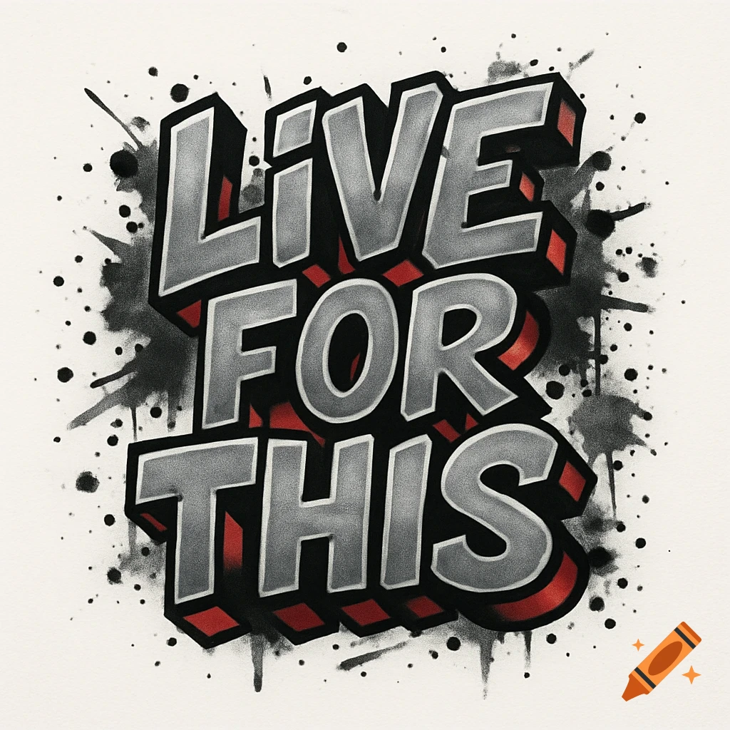 Graffiti-style logo with 'LIVE FOR THIS' in metallic grey, black, and red, with 3D block shadows and black paint splatters on a white background.