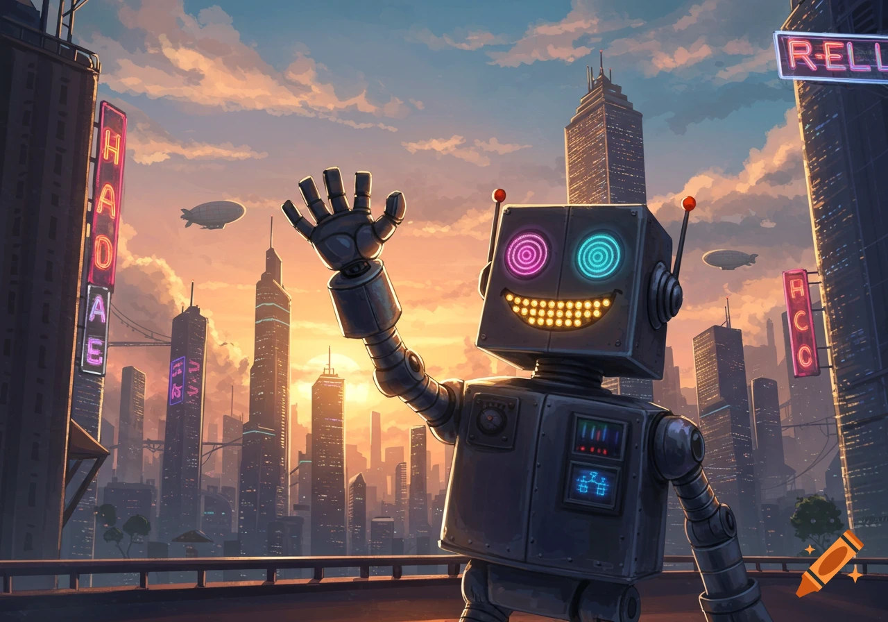 A friendly robot waves from a futuristic city rooftop at sunset, with tall buildings and blimps in the background. Digital art.