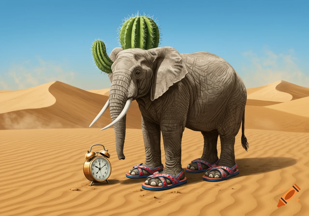 An elephant with a cactus on its head and wearing sandals stands in a desert with an alarm clock.