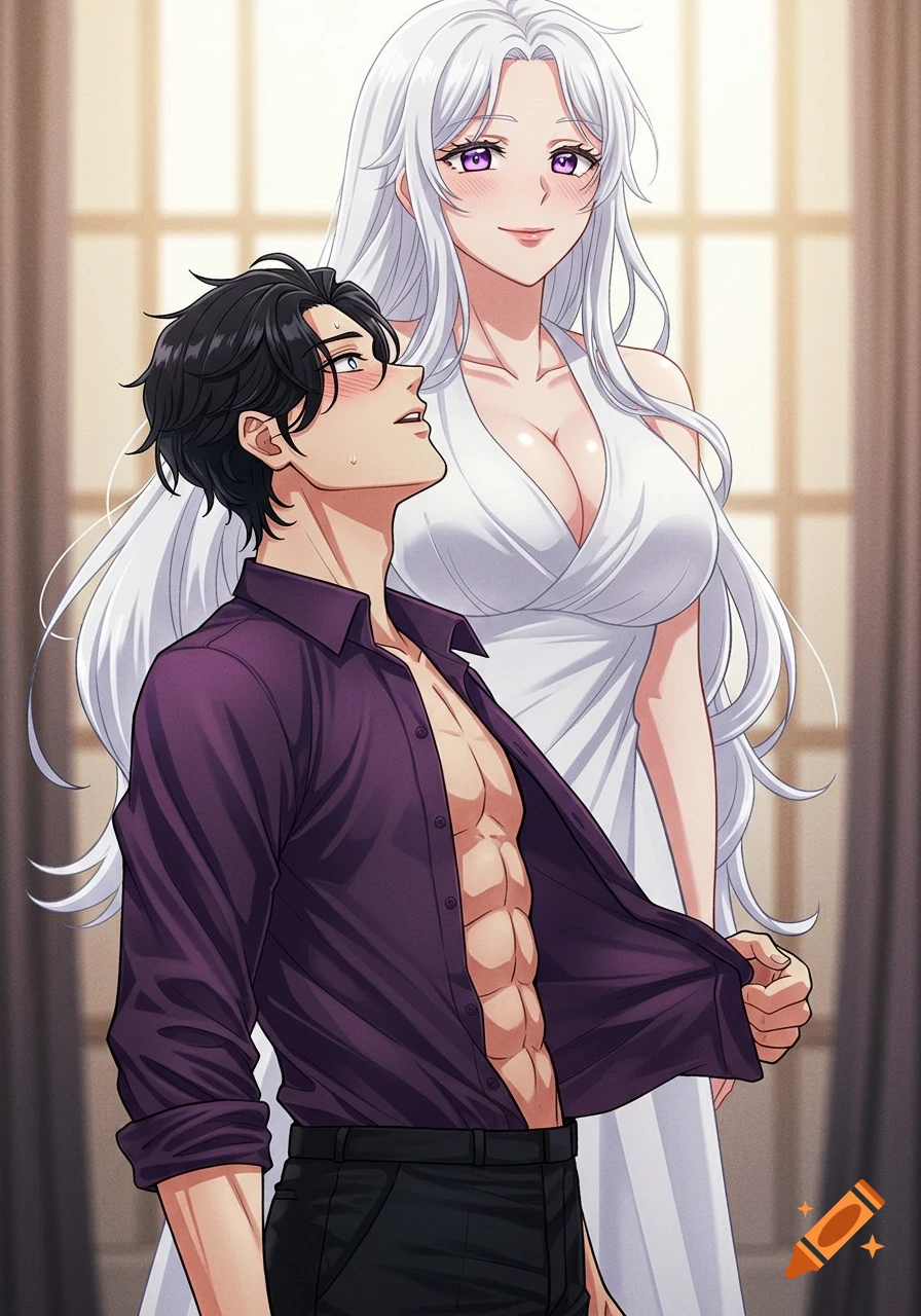 Blushing man in open purple shirt looking up at a smiling giantess with long white hair in a white v-neck dress, anime style.