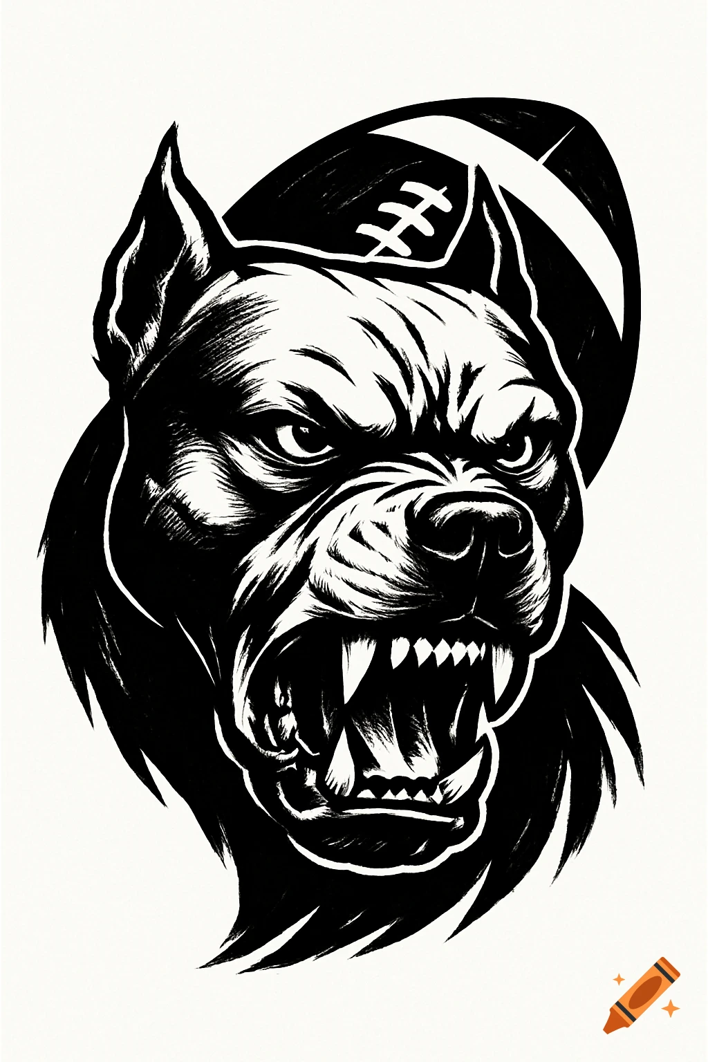 Black and white stylized illustration of an angry pitbull head with a football.