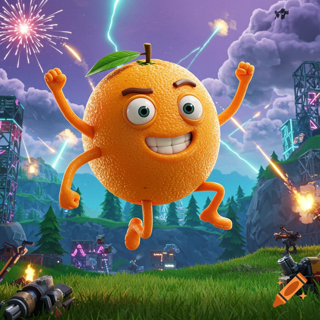 A 3D animated orange character, resembling the Annoying Orange, happily leaps amidst a vibrant Fortnite battleground with fireworks and explosions.