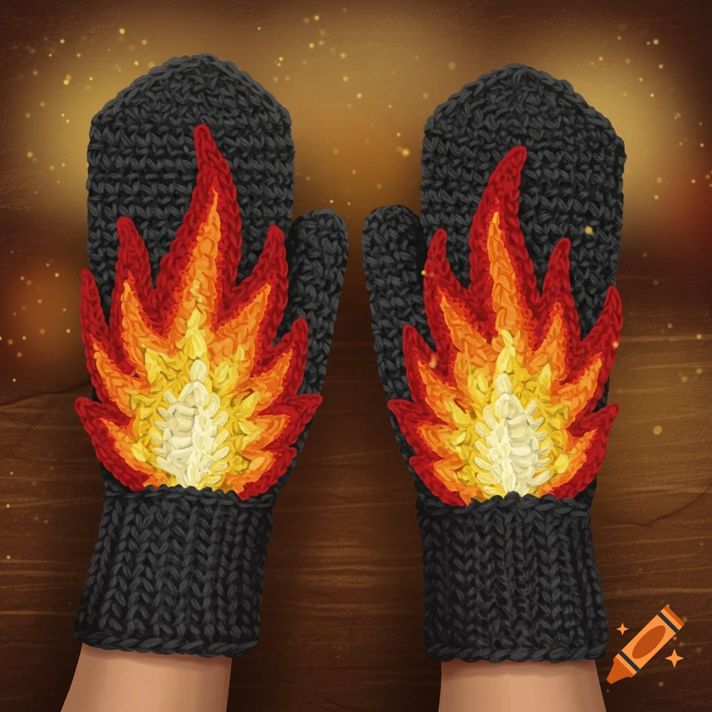 A pair of dark grey crochet mittens with large, vibrant red, orange, and yellow flames stitched onto them, set against a warm, dark wooden background.