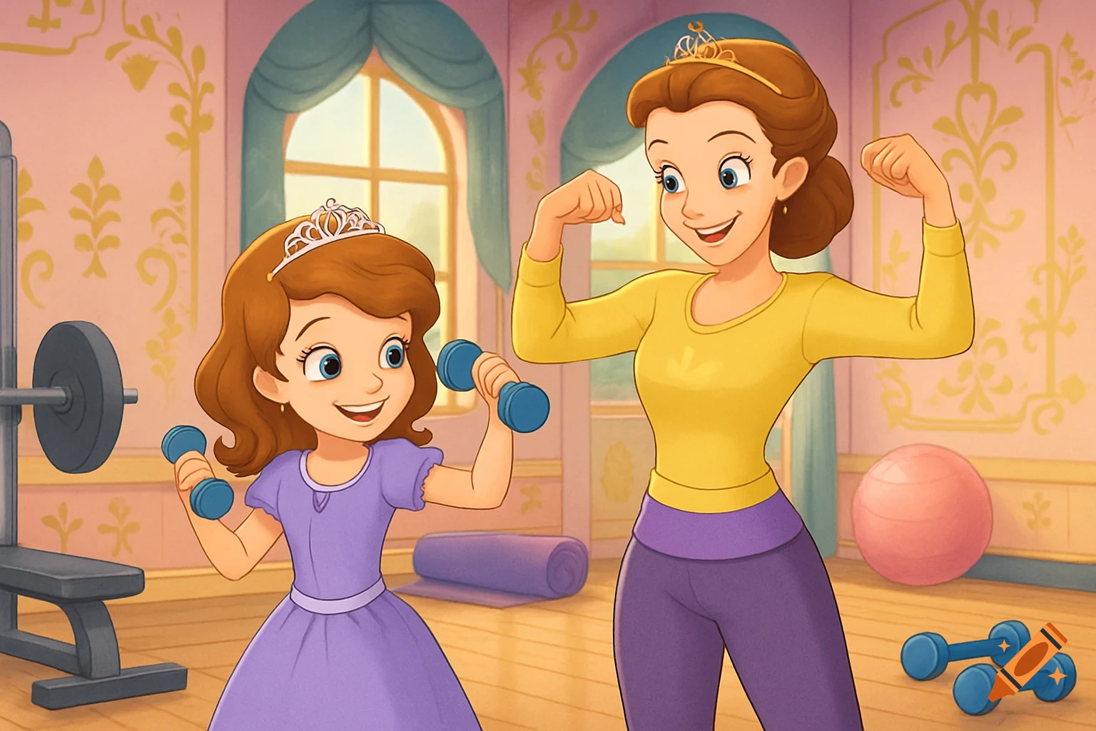 Cartoon of Princess Sofia and her mother flexing muscles and lifting dumbbells in a gym.