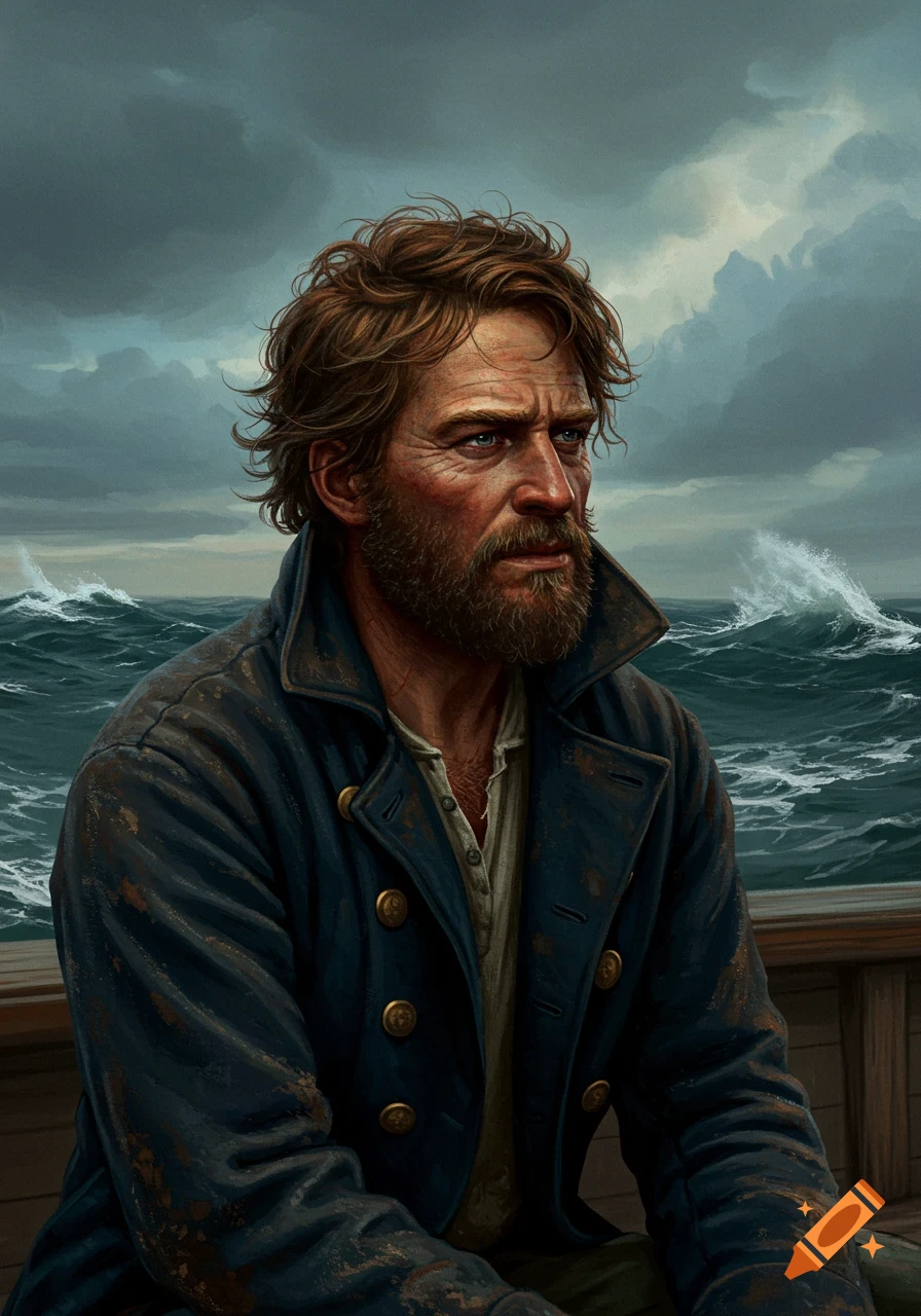 A bearded man with messy hair, wearing a dark coat, sits on a ship deck. Stormy sea and cloudy sky in the background, in an oil painting style.