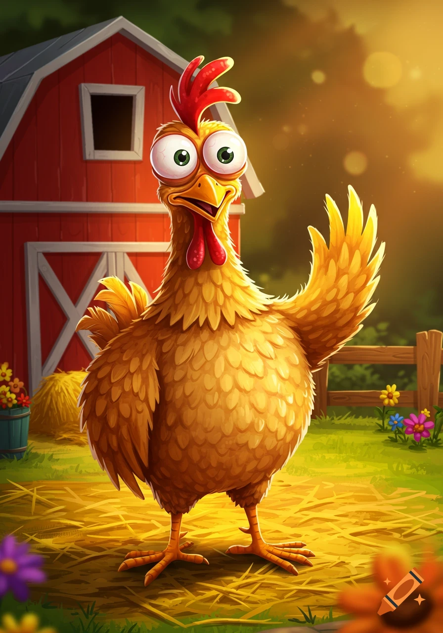 A hilarious cartoon chicken with googly eyes waves in a sunny barnyard with a red barn and hay.